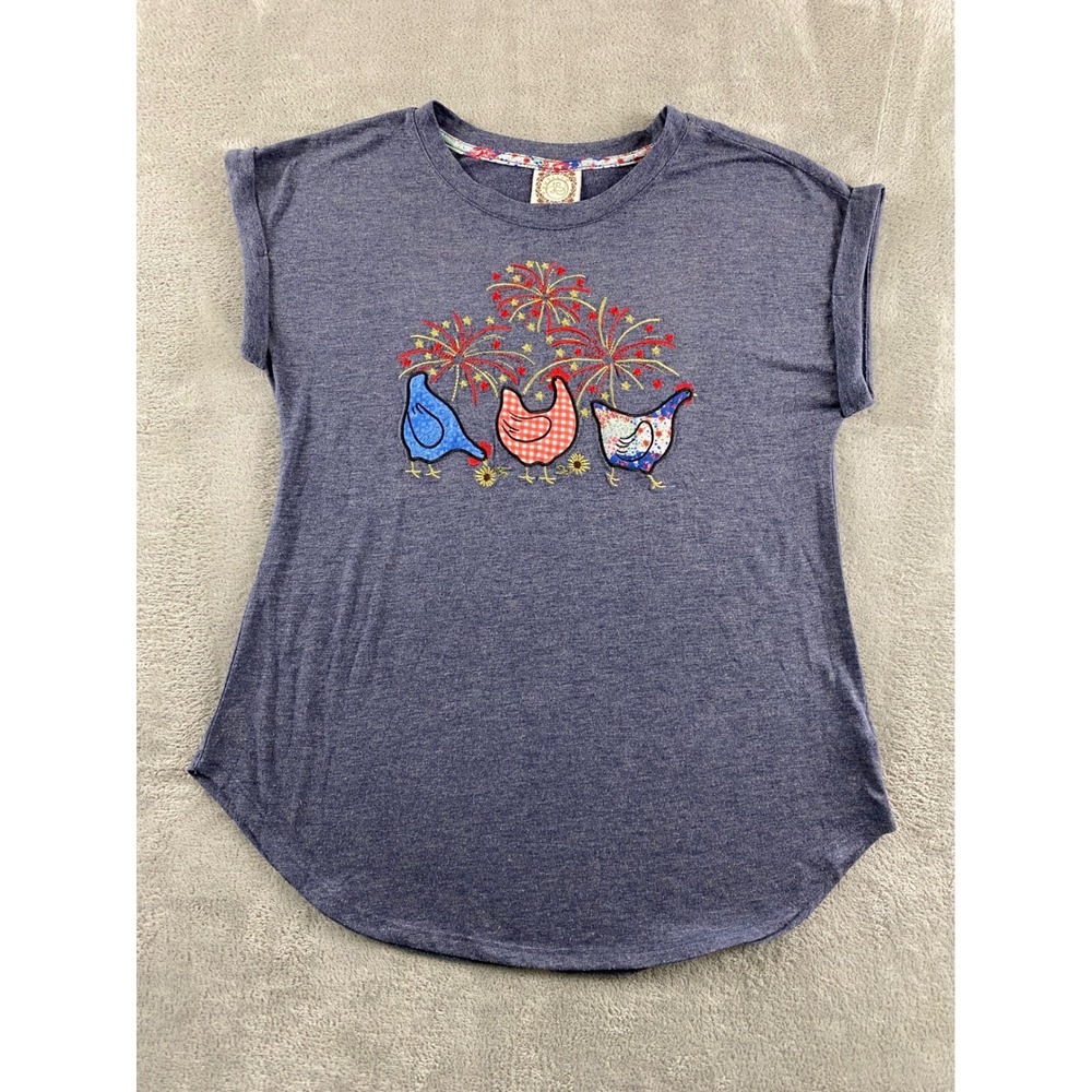 Tru Self Womens PS Blue Embroidered Chicken Firework Graphic T-Shirt Cuffed Slv‎